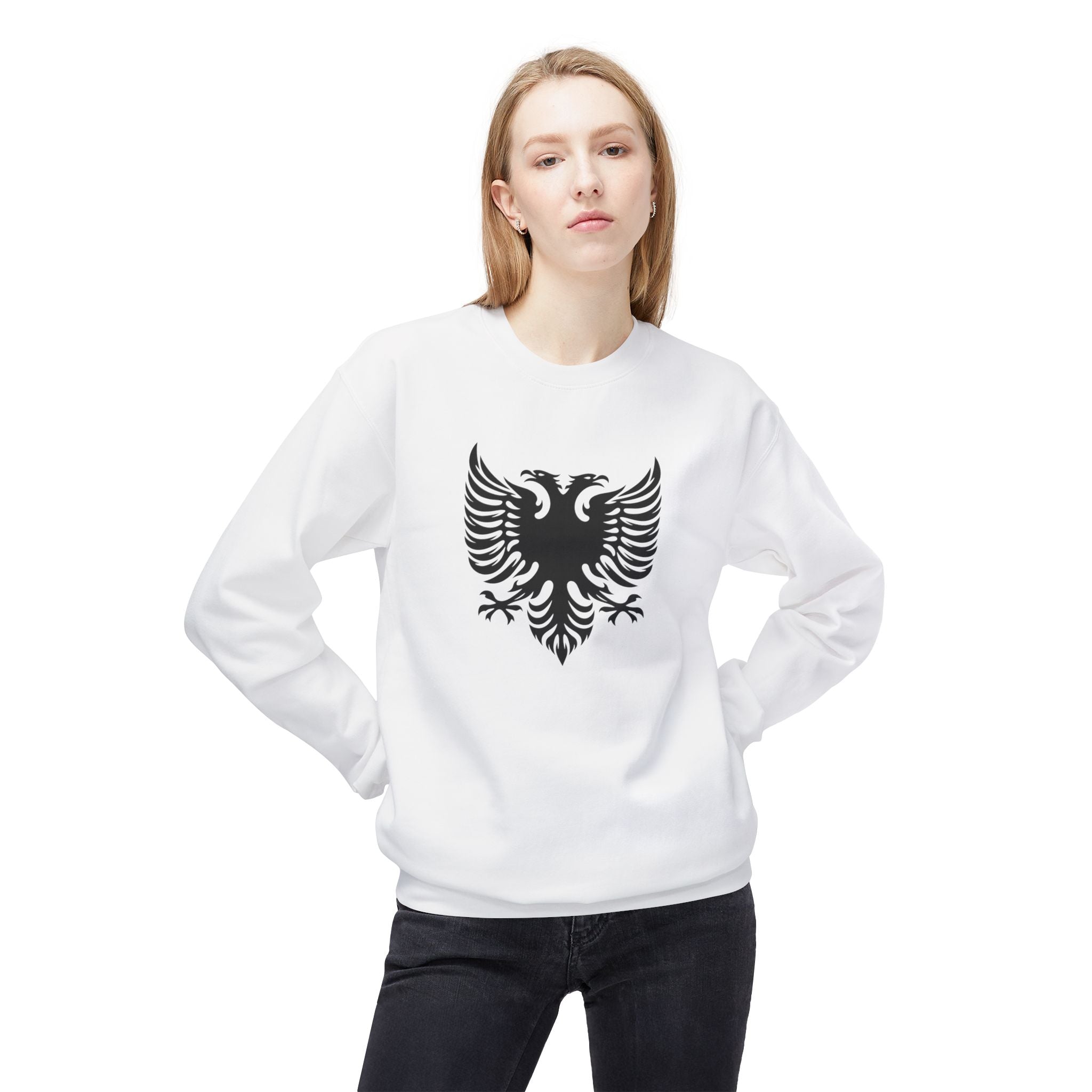 Unisex Midweight Softstyle Fleece Crewneck Sweatshirt - Tribal Eagle Design - Albanian Origins