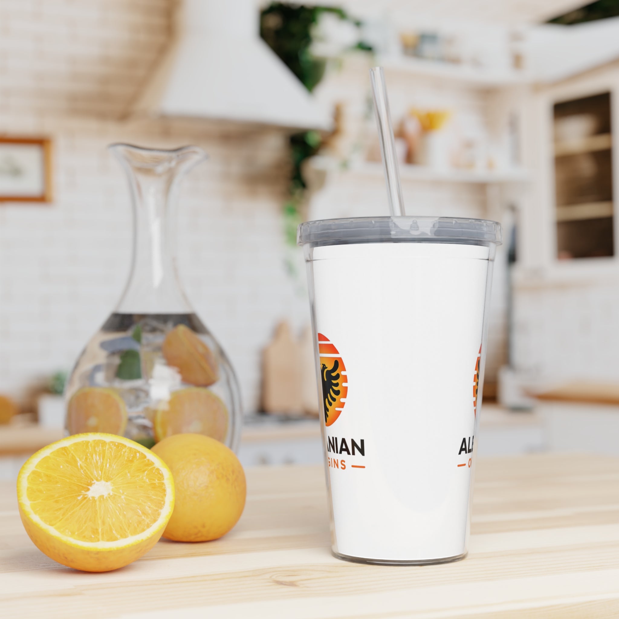 White Plastic Tumbler with Straw - Albanian Origins Sun Logo
