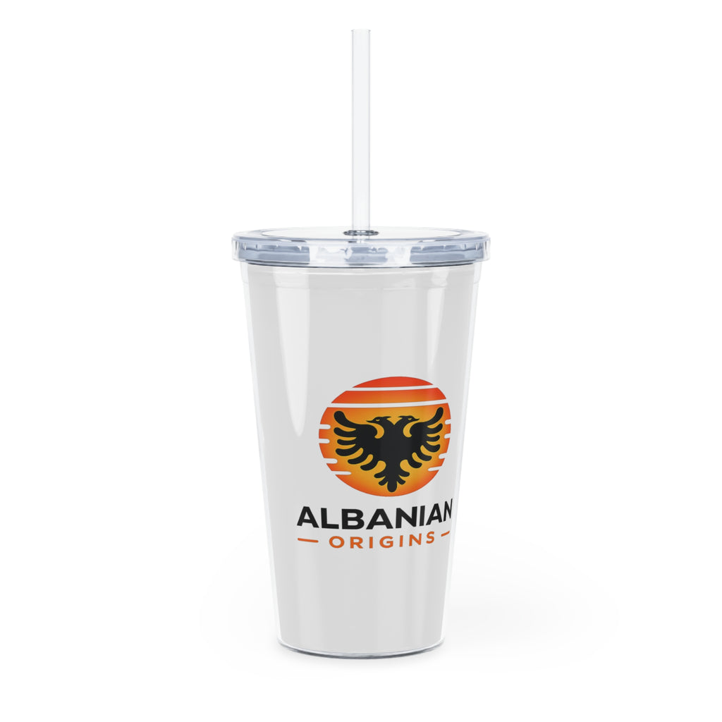 White Plastic Tumbler with Straw - Albanian Origins Sun Logo