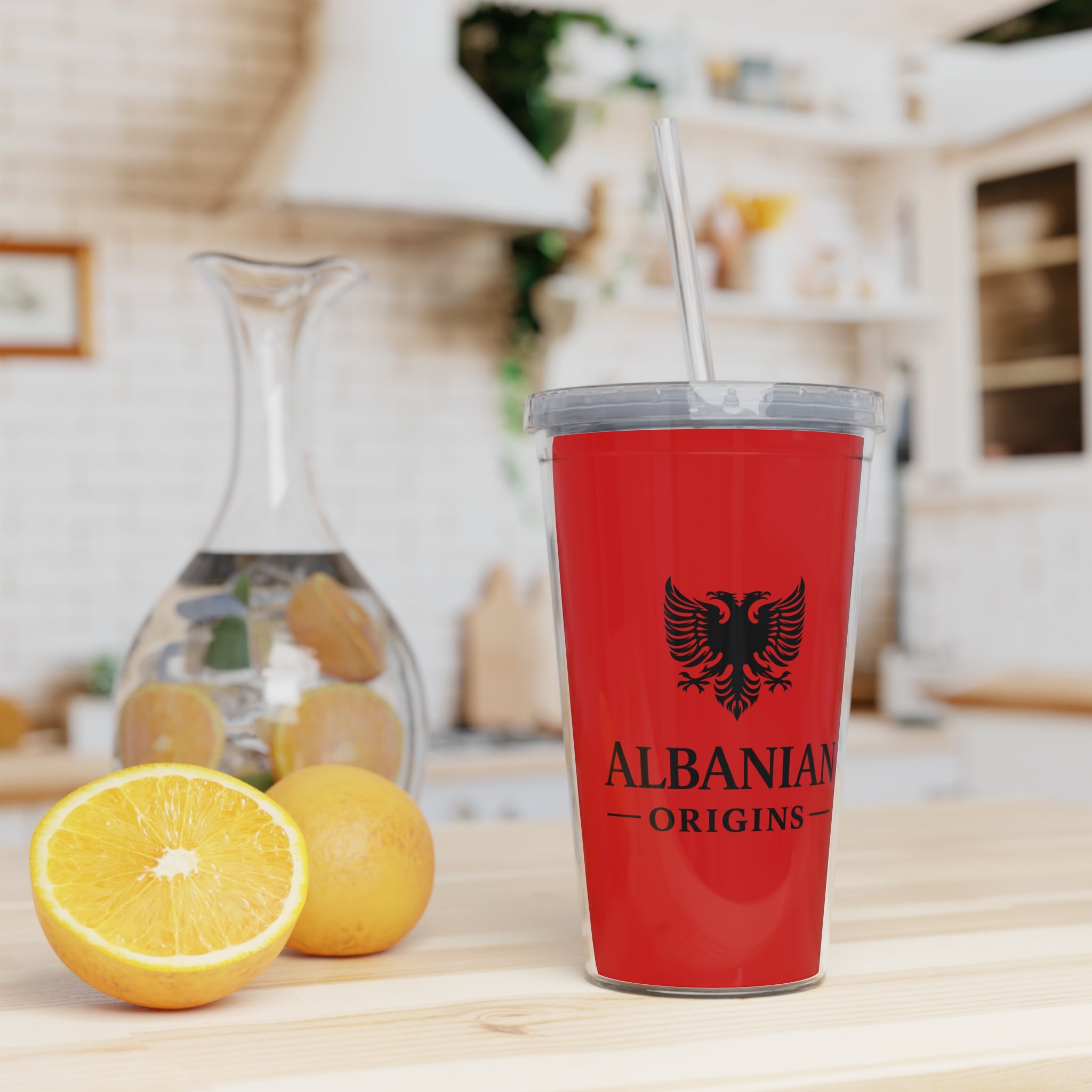 Plastic Tumbler with Straw - Albanian Origins Eagle Design