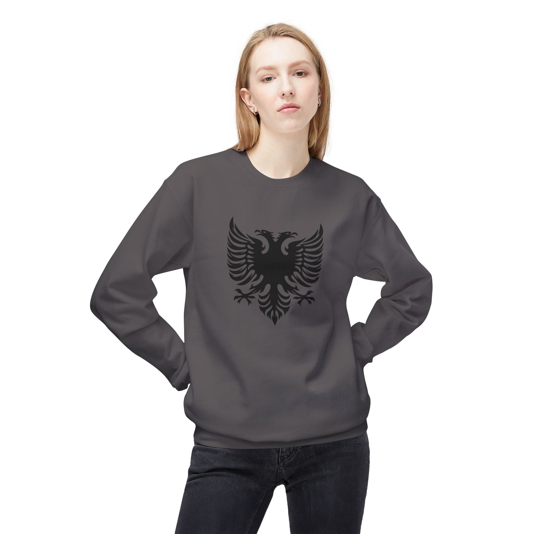 Unisex Midweight Softstyle Fleece Crewneck Sweatshirt - Tribal Eagle Design - Albanian Origins Logo