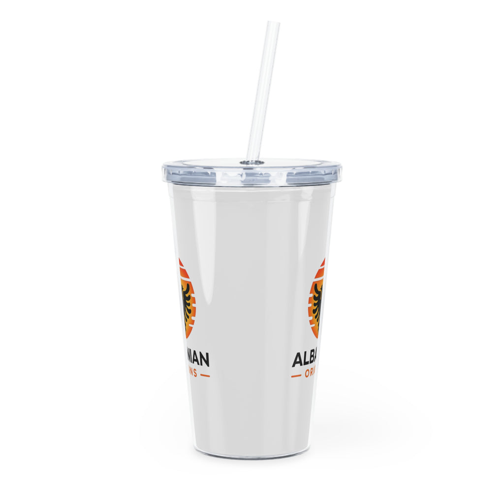 White Plastic Tumbler with Straw - Albanian Origins Sun Logo