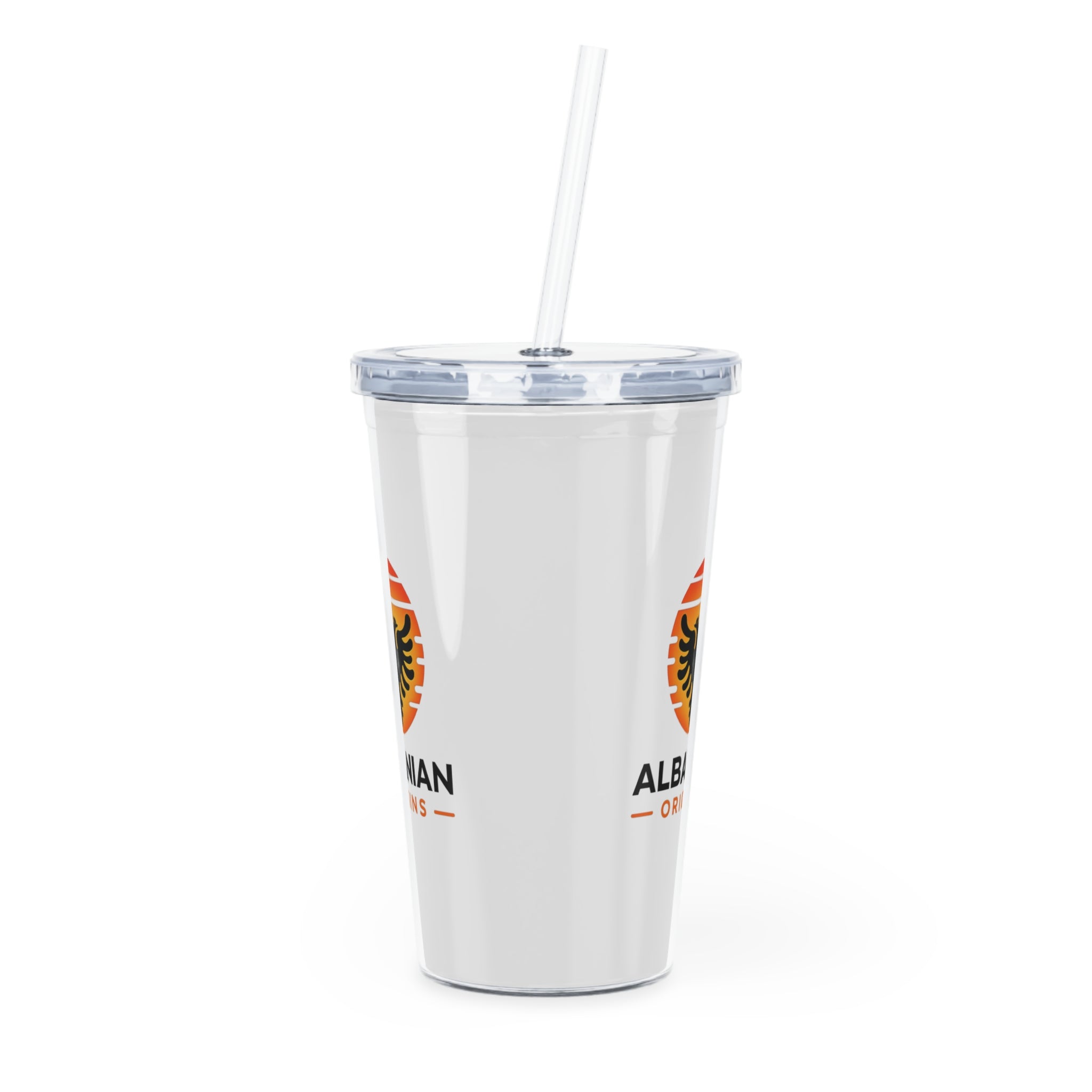 White Plastic Tumbler with Straw - Albanian Origins Sun Logo
