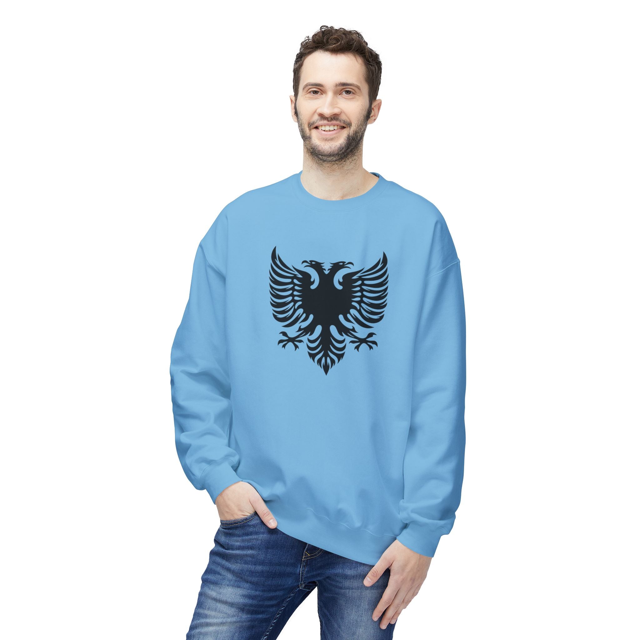 Unisex Midweight Softstyle Fleece Crewneck Sweatshirt - Tribal Eagle Design - Albanian Origins