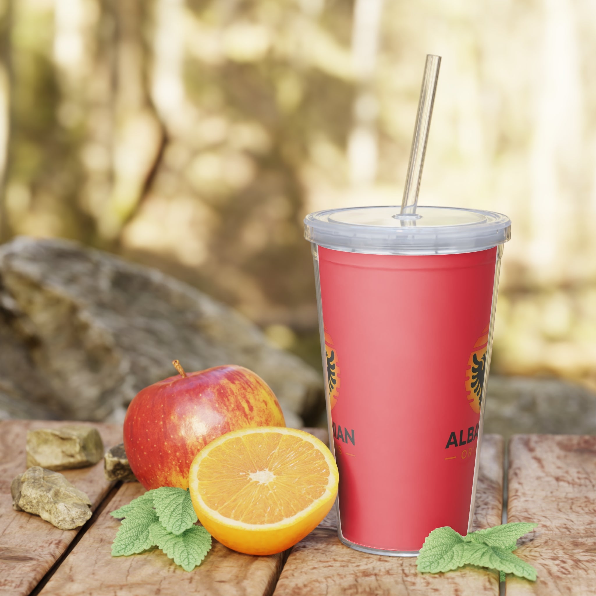 Plastic Tumbler with Straw - Albanian Origins Sun Logo