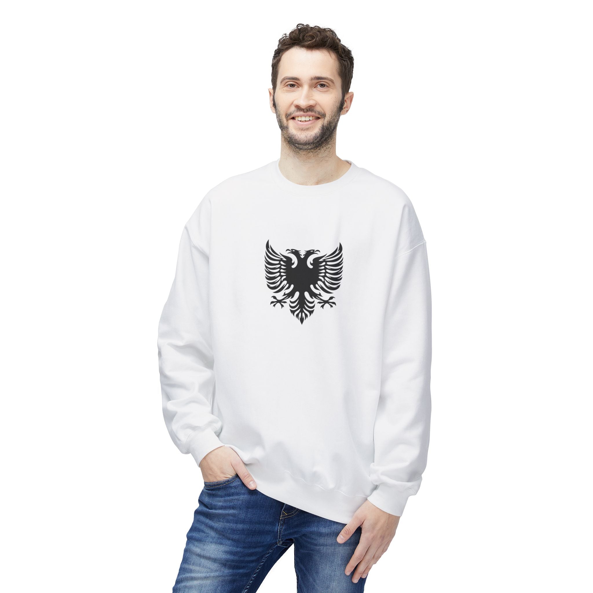 Unisex Midweight Softstyle Fleece Crewneck Sweatshirt - Tribal Eagle Design - Albanian Origins Logo