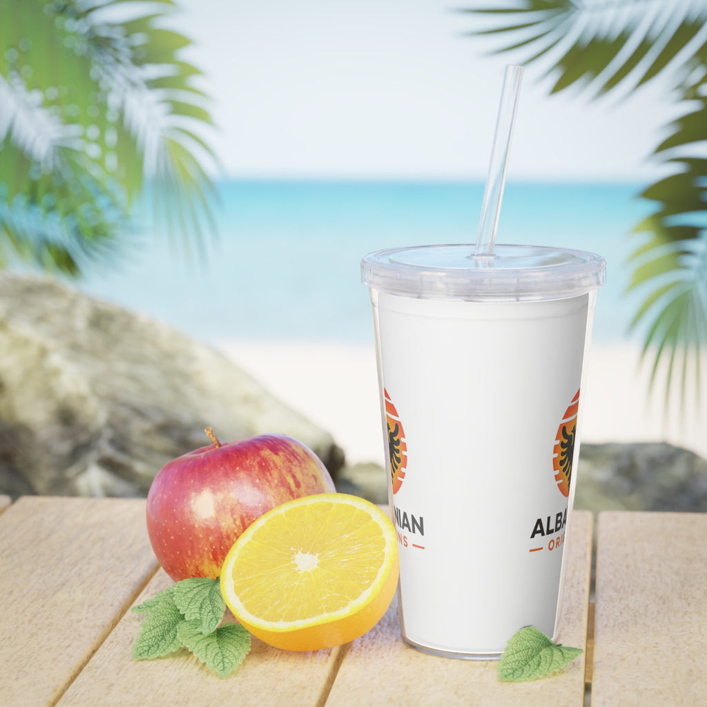 White Plastic Tumbler with Straw - Albanian Origins Sun Logo