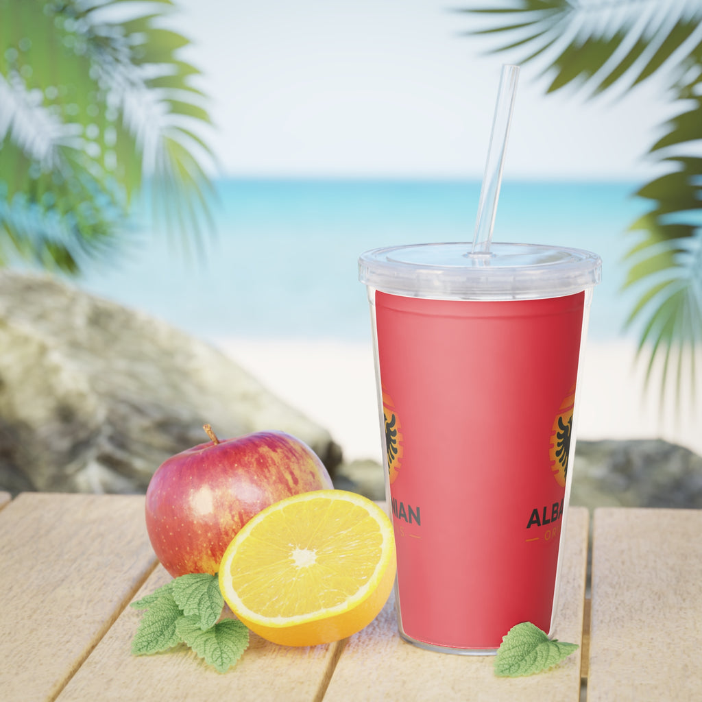 Plastic Tumbler with Straw - Albanian Origins Sun Logo