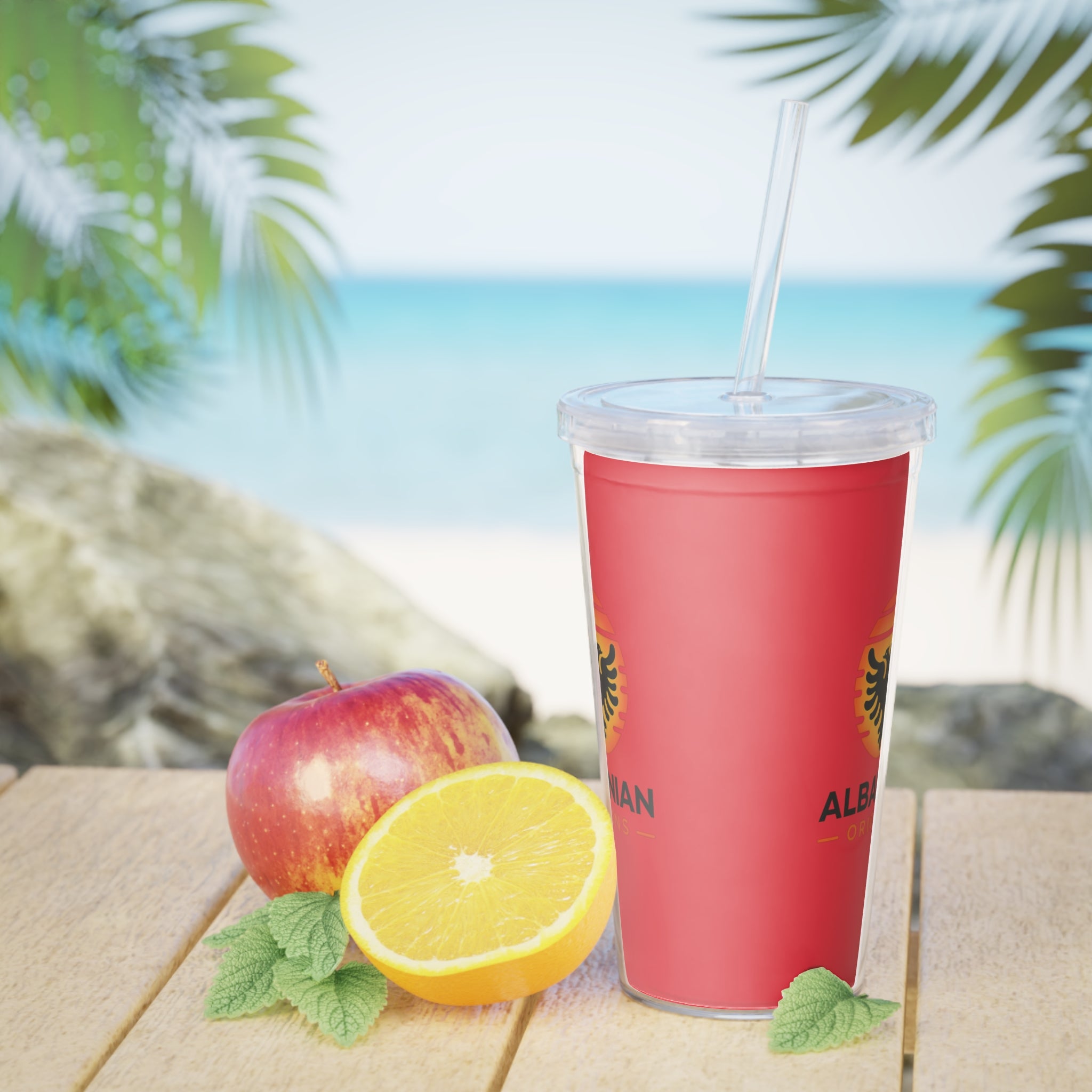 Plastic Tumbler with Straw - Albanian Origins Sun Logo