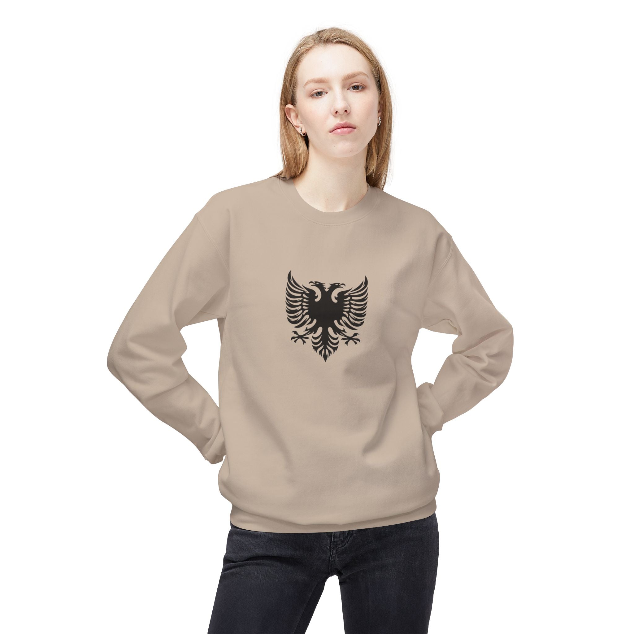 Unisex Midweight Softstyle Fleece Crewneck Sweatshirt - Tribal Eagle Design - Albanian Origins