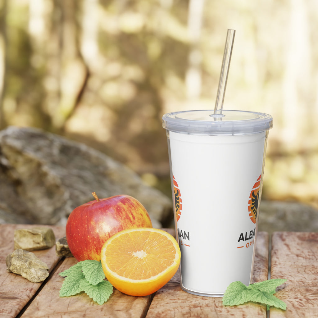 White Plastic Tumbler with Straw - Albanian Origins Sun Logo