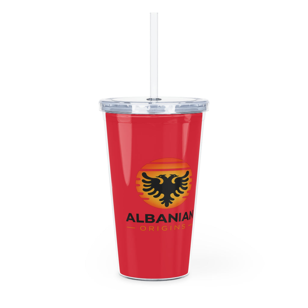 Plastic Tumbler with Straw - Albanian Origins Sun Logo