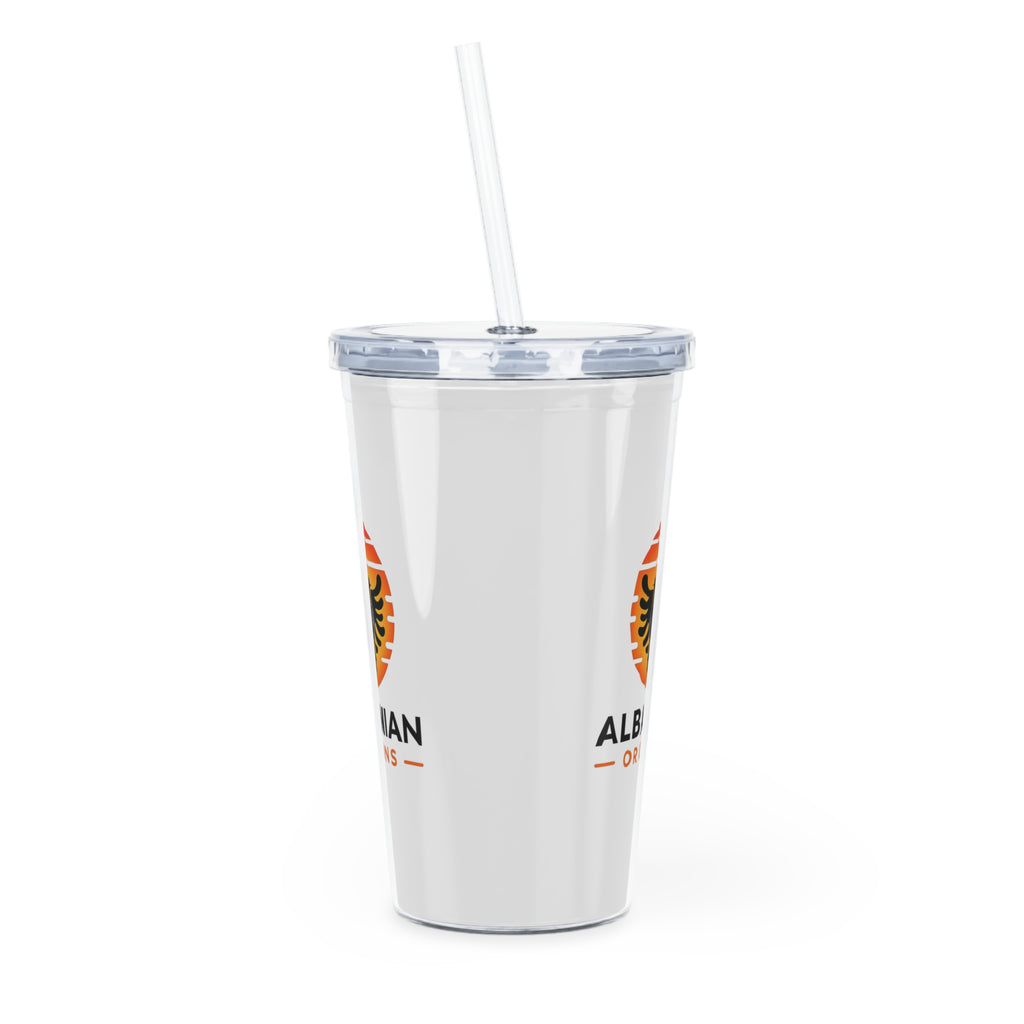 White Plastic Tumbler with Straw - Albanian Origins Sun Logo
