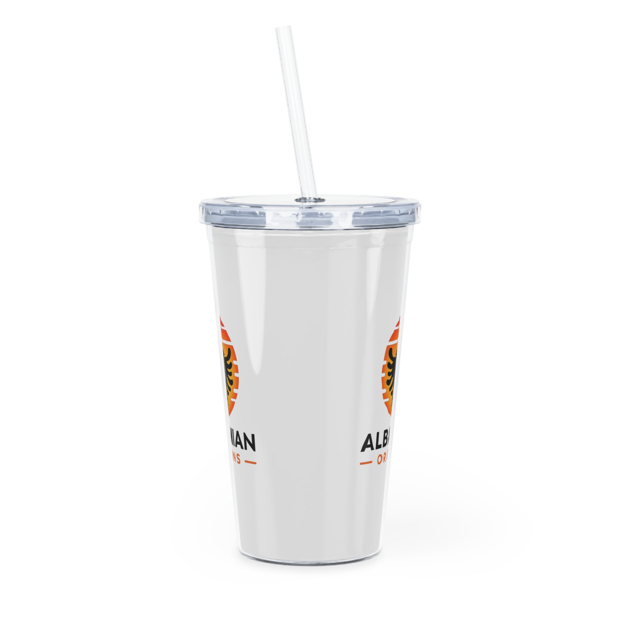 White Plastic Tumbler with Straw - Albanian Origins Sun Logo