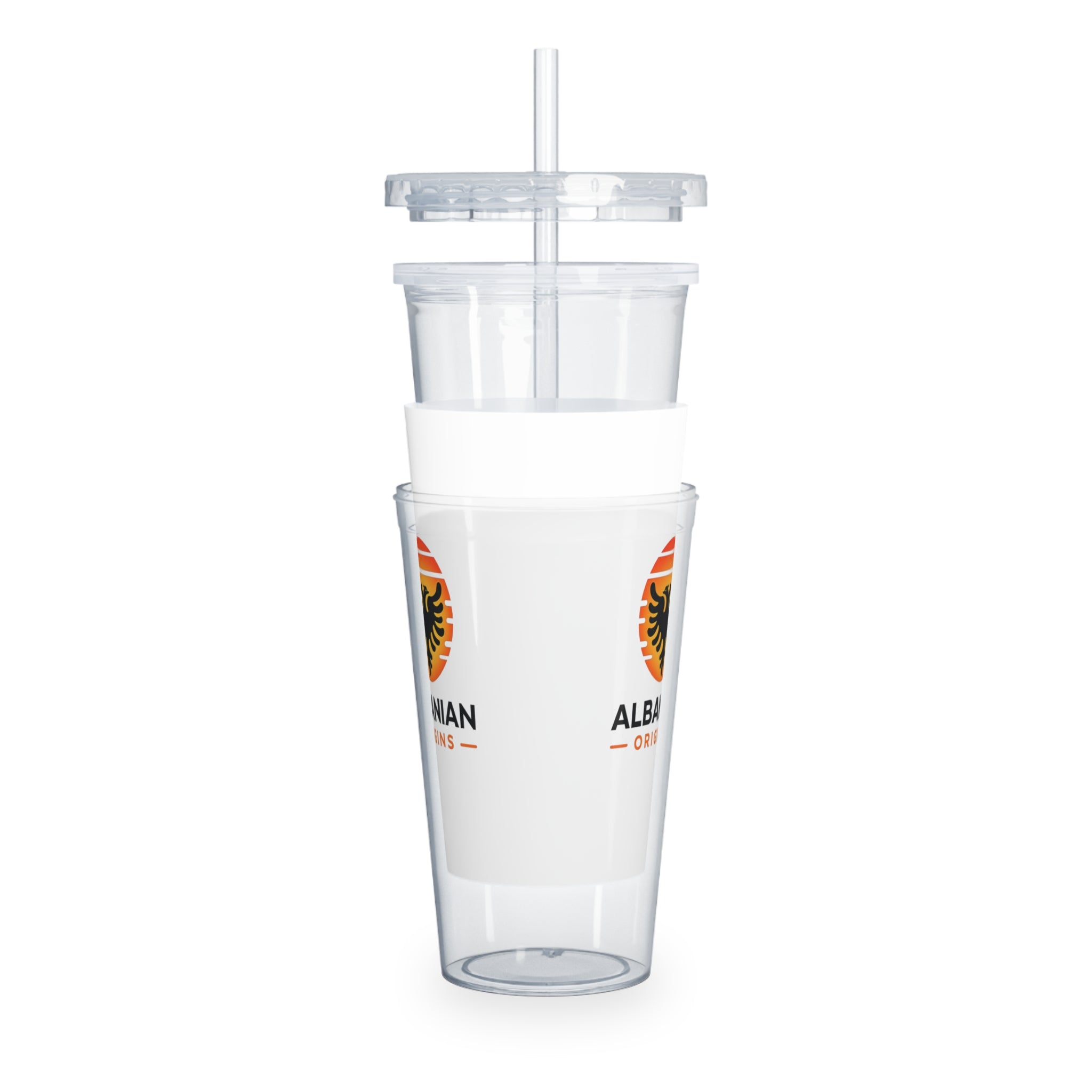 White Plastic Tumbler with Straw - Albanian Origins Sun Logo