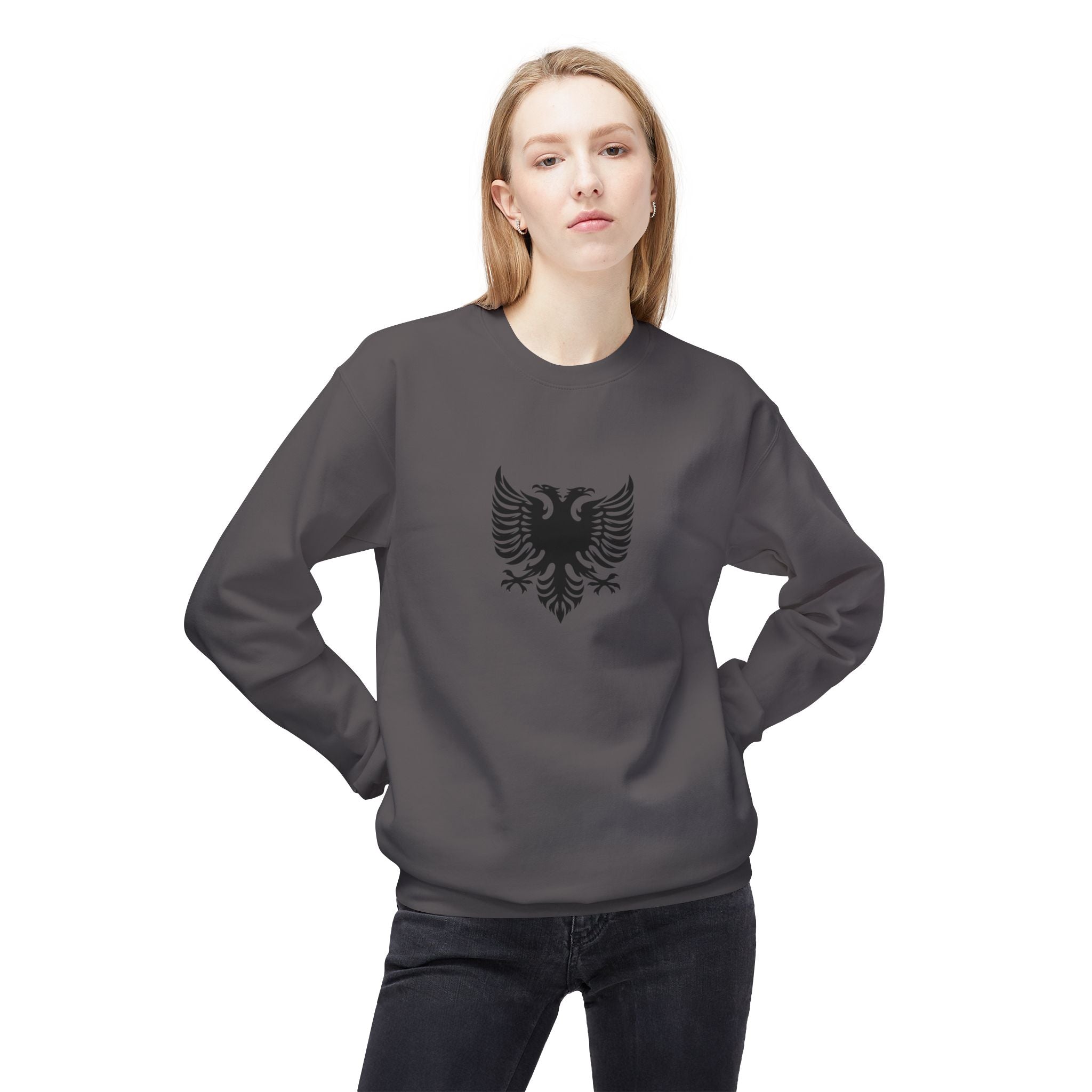 Unisex Midweight Softstyle Fleece Crewneck Sweatshirt - Tribal Eagle Design - Albanian Origins Logo