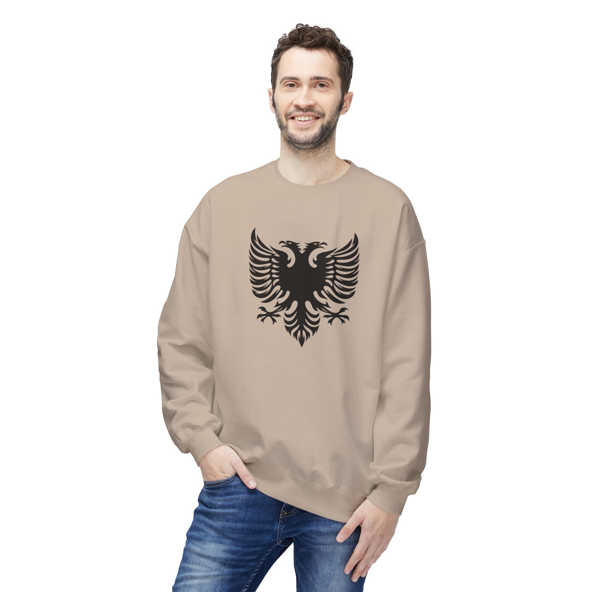 Unisex Midweight Softstyle Fleece Crewneck Sweatshirt - Tribal Eagle Design - Albanian Origins Logo