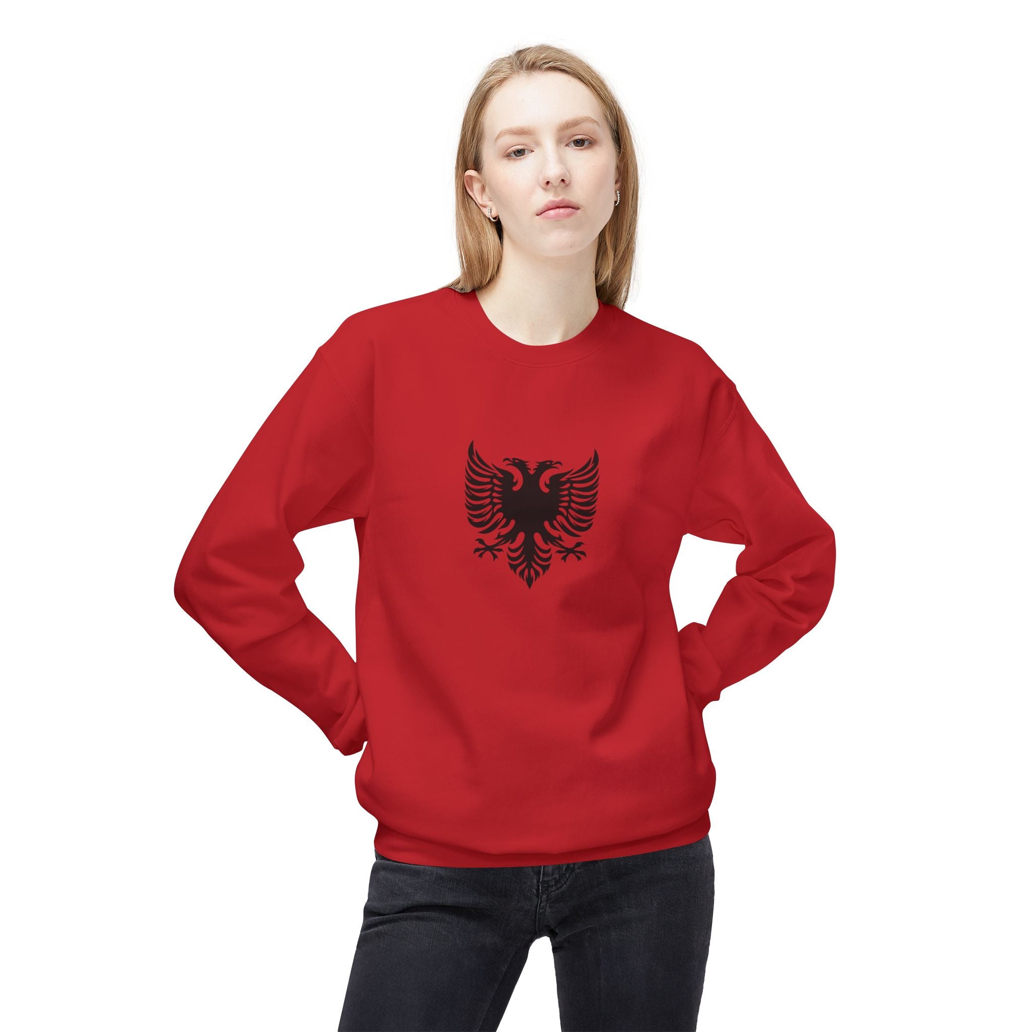 Unisex Midweight Softstyle Fleece Crewneck Sweatshirt - Tribal Eagle Design - Albanian Origins Logo