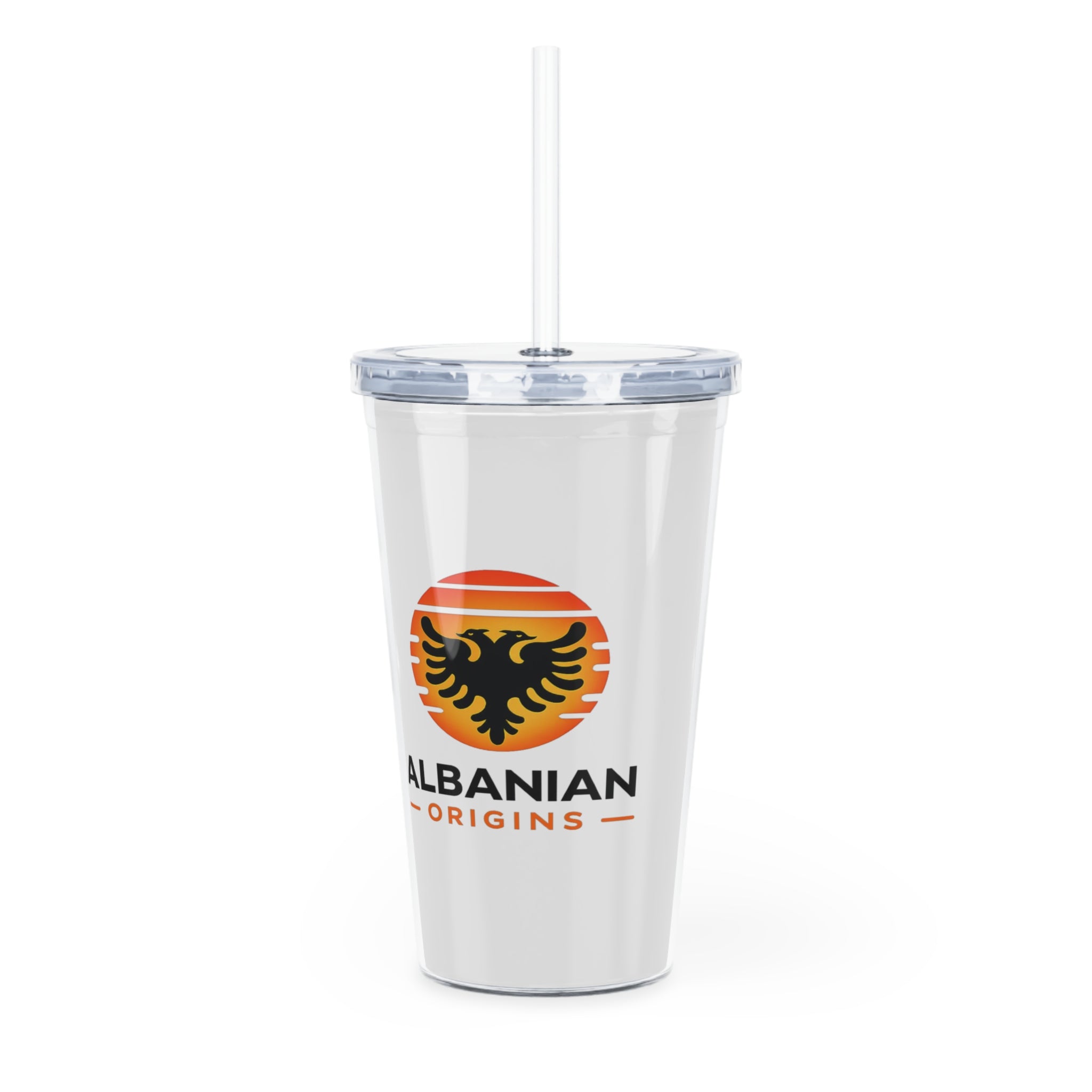 White Plastic Tumbler with Straw - Albanian Origins Sun Logo