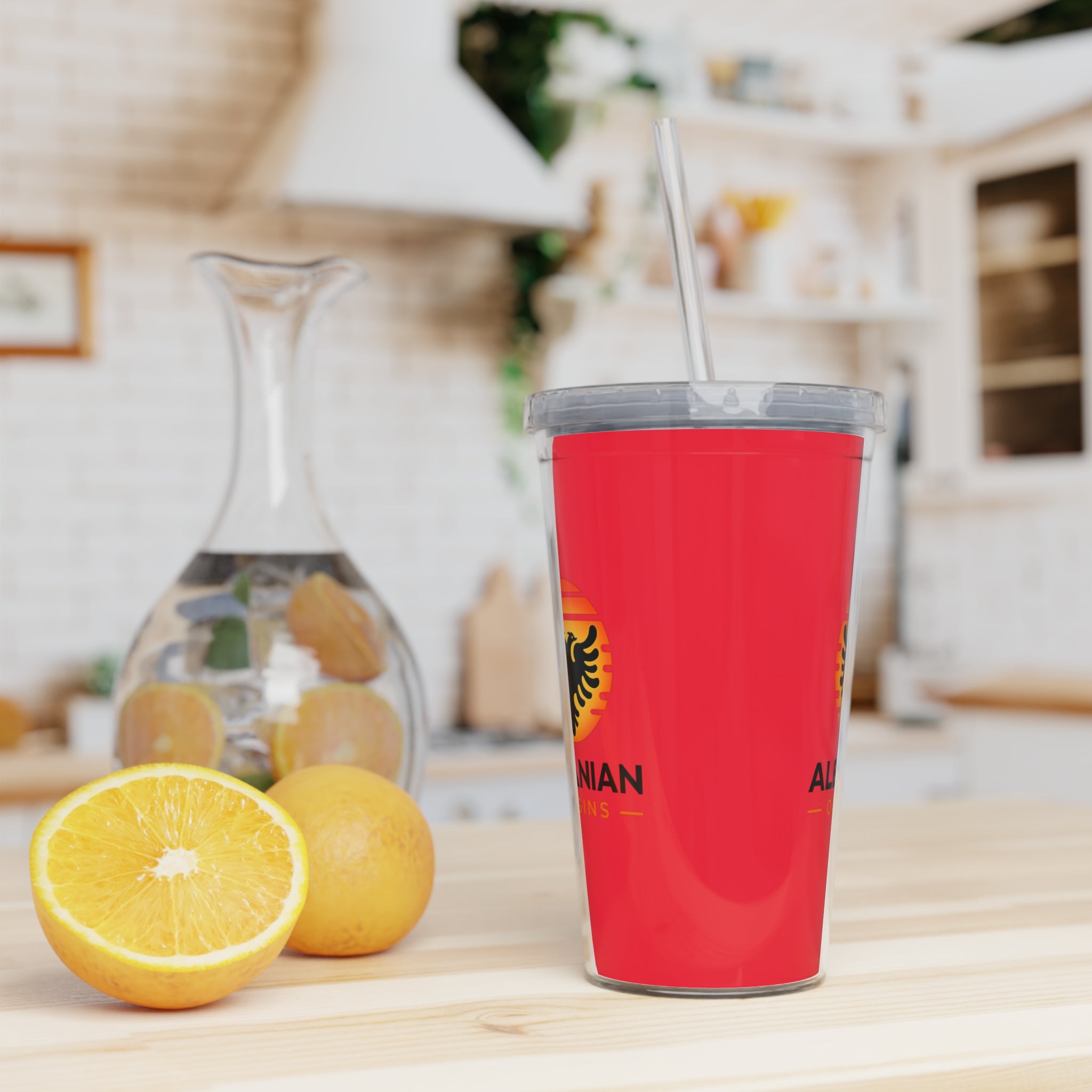 Plastic Tumbler with Straw - Albanian Origins Sun Logo