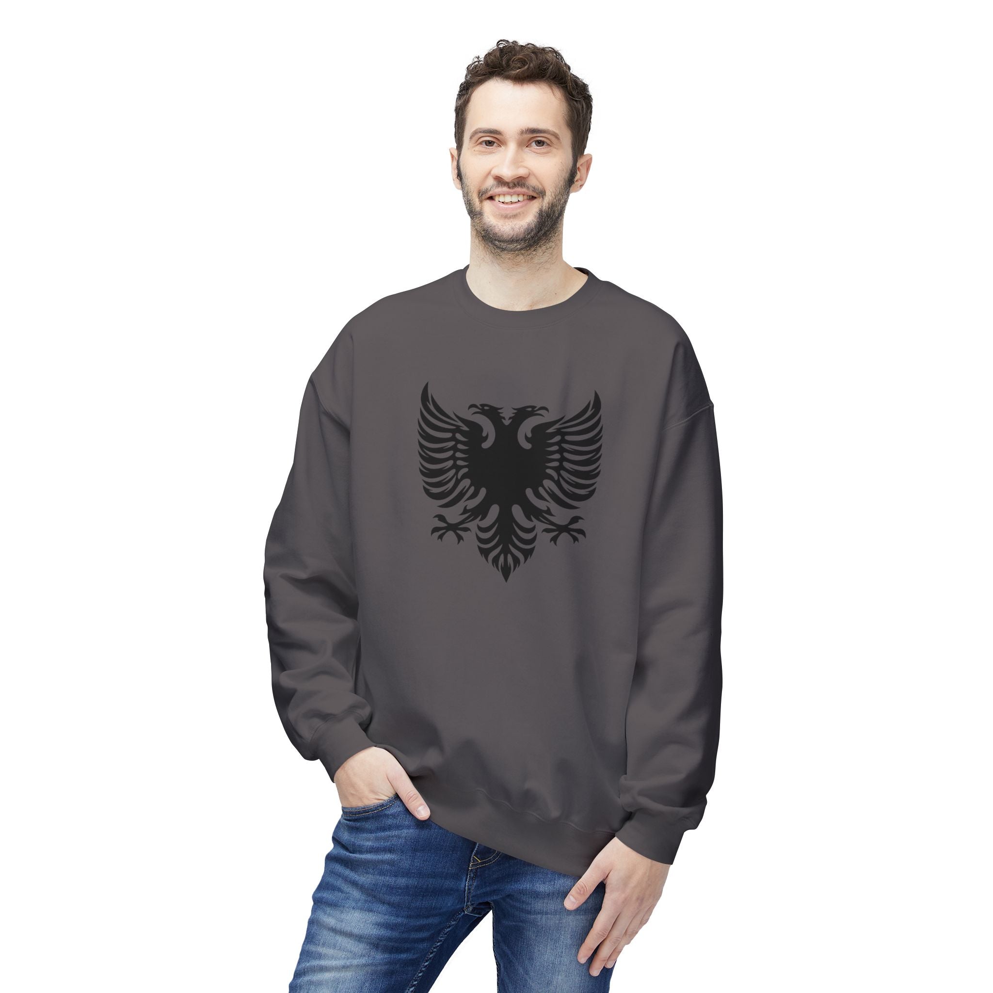 Unisex Midweight Softstyle Fleece Crewneck Sweatshirt - Tribal Eagle Design - Albanian Origins Logo