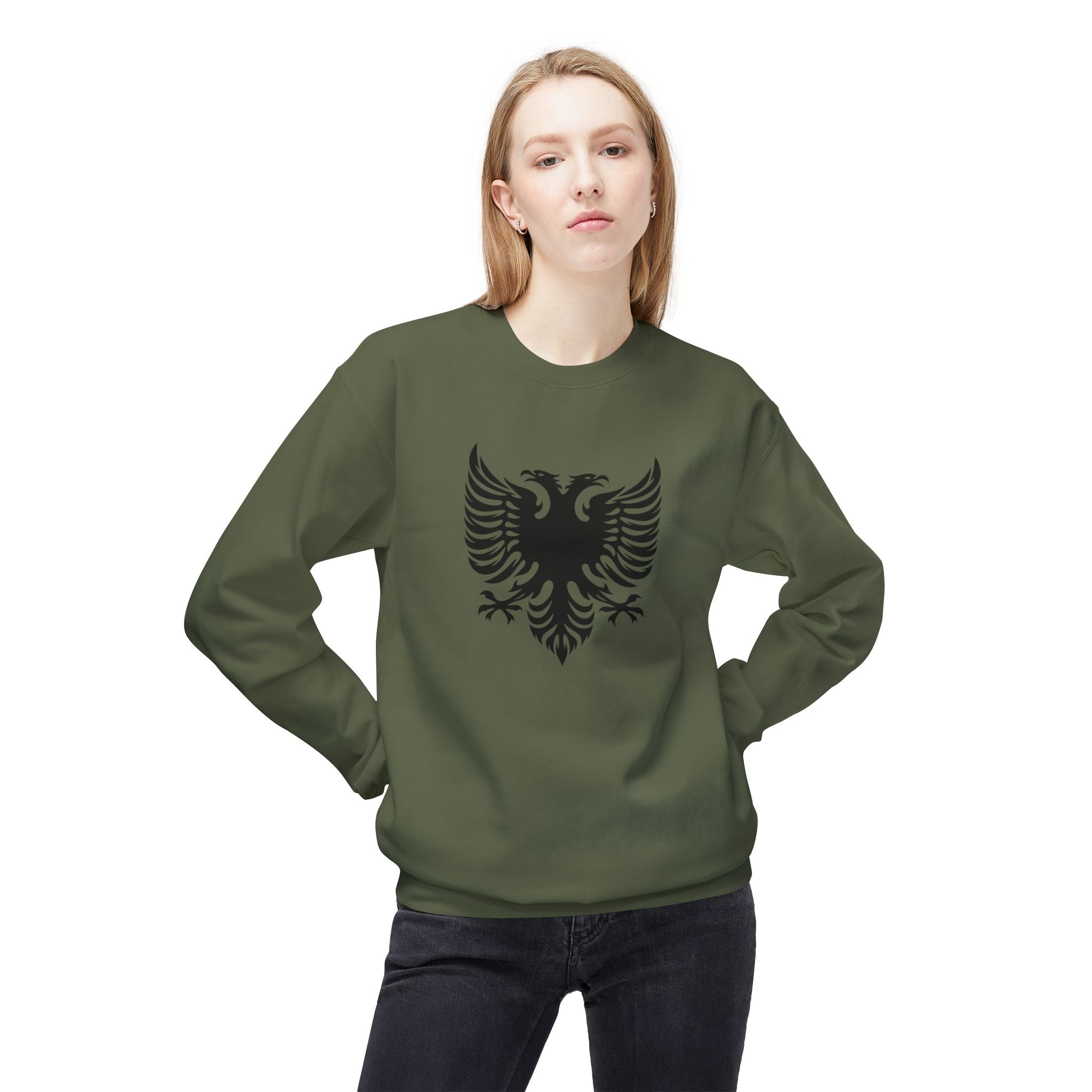 Unisex Midweight Softstyle Fleece Crewneck Sweatshirt - Tribal Eagle Design - Albanian Origins
