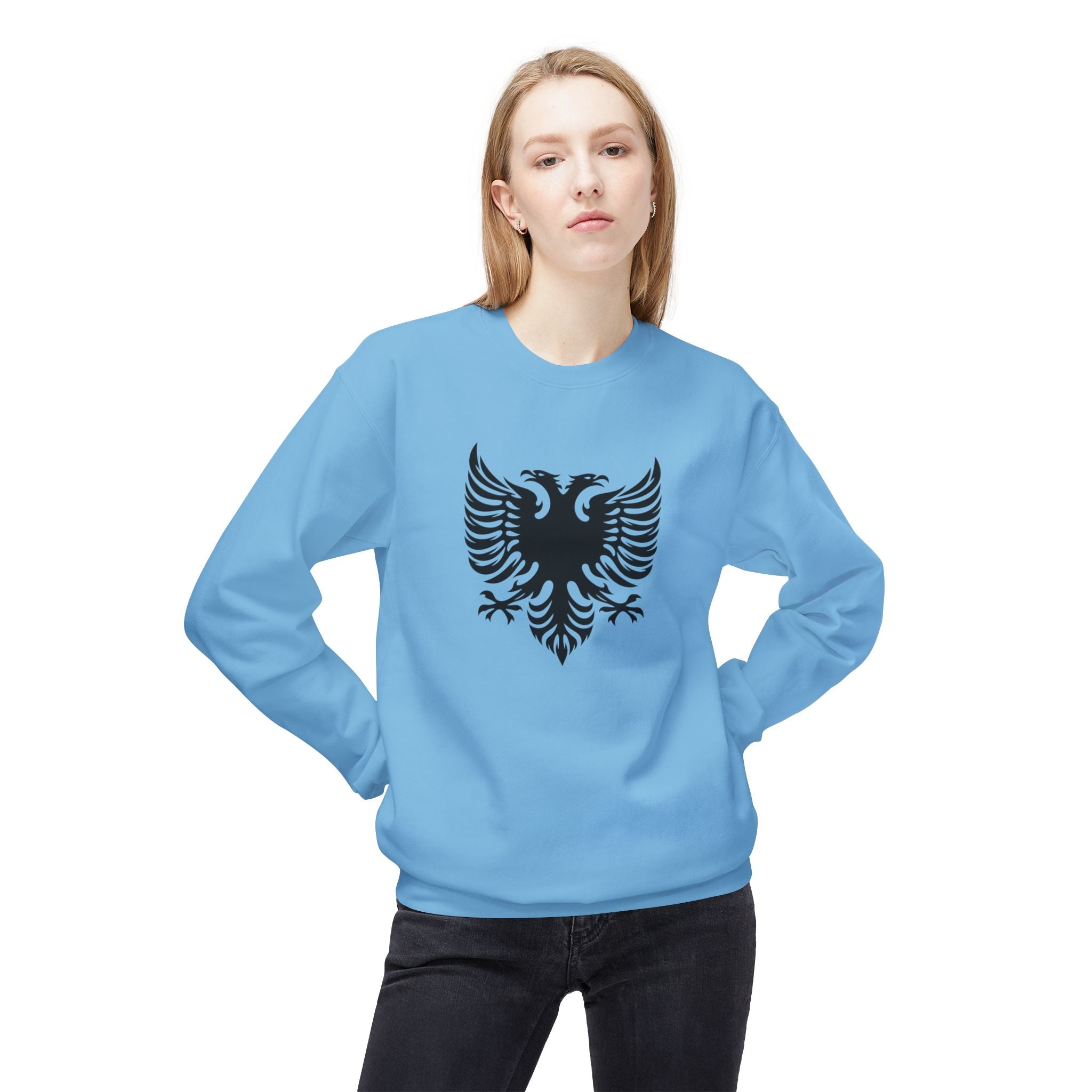 Unisex Midweight Softstyle Fleece Crewneck Sweatshirt - Tribal Eagle Design - Albanian Origins Logo