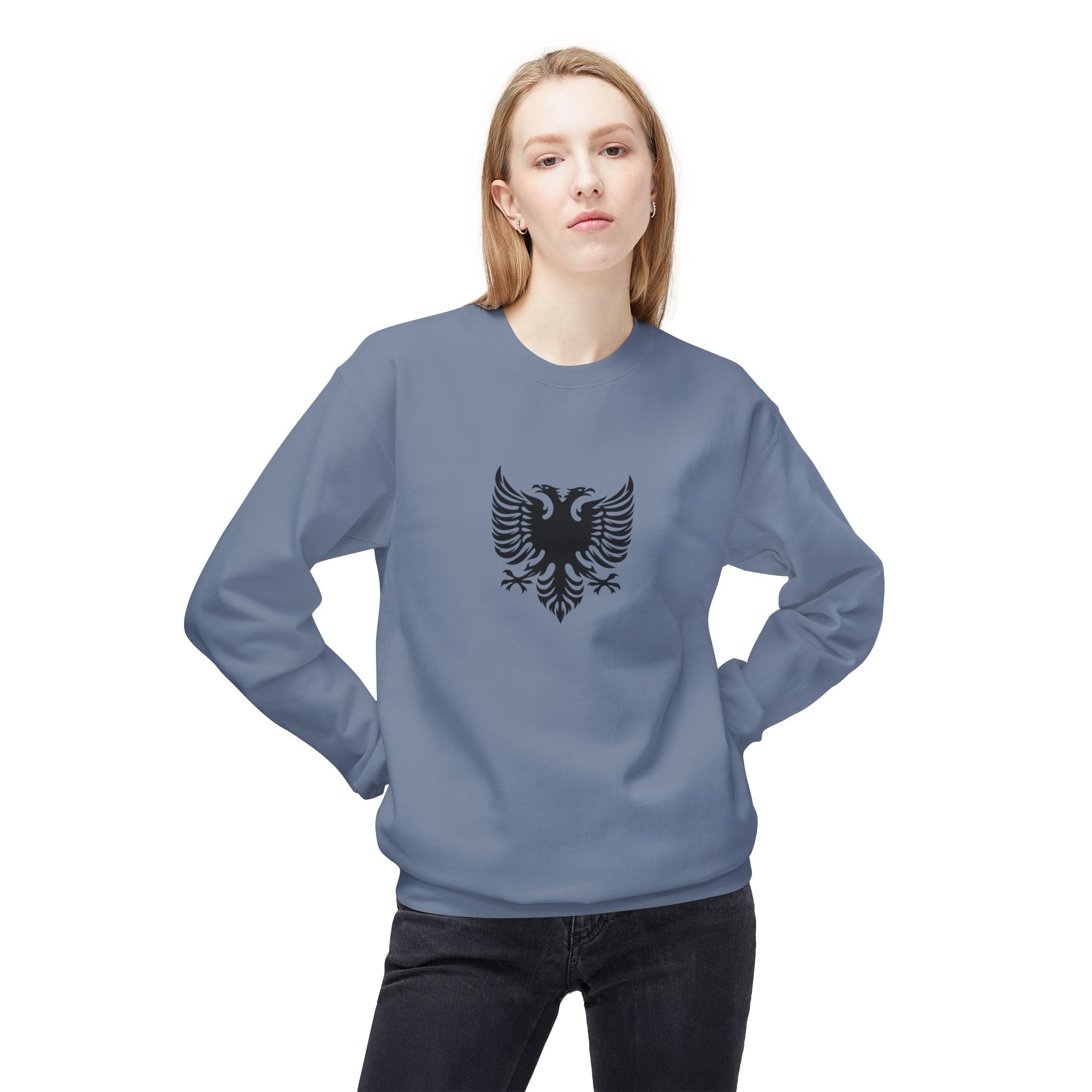 Unisex Midweight Softstyle Fleece Crewneck Sweatshirt - Tribal Eagle Design - Albanian Origins Logo